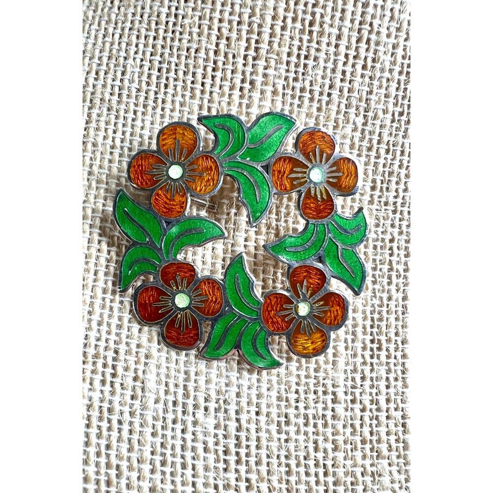 Vintage Taxco Mexico Jeronimo Fuentes Sterling Silver Enamel Floral Brooch 925